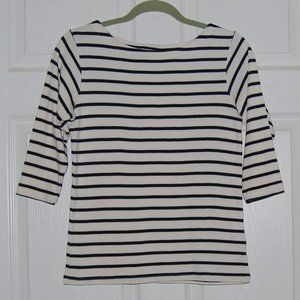 LL Bean Cotton Striped Boat Neck Sweater 3/4 inch Sleeve Navy/Cream